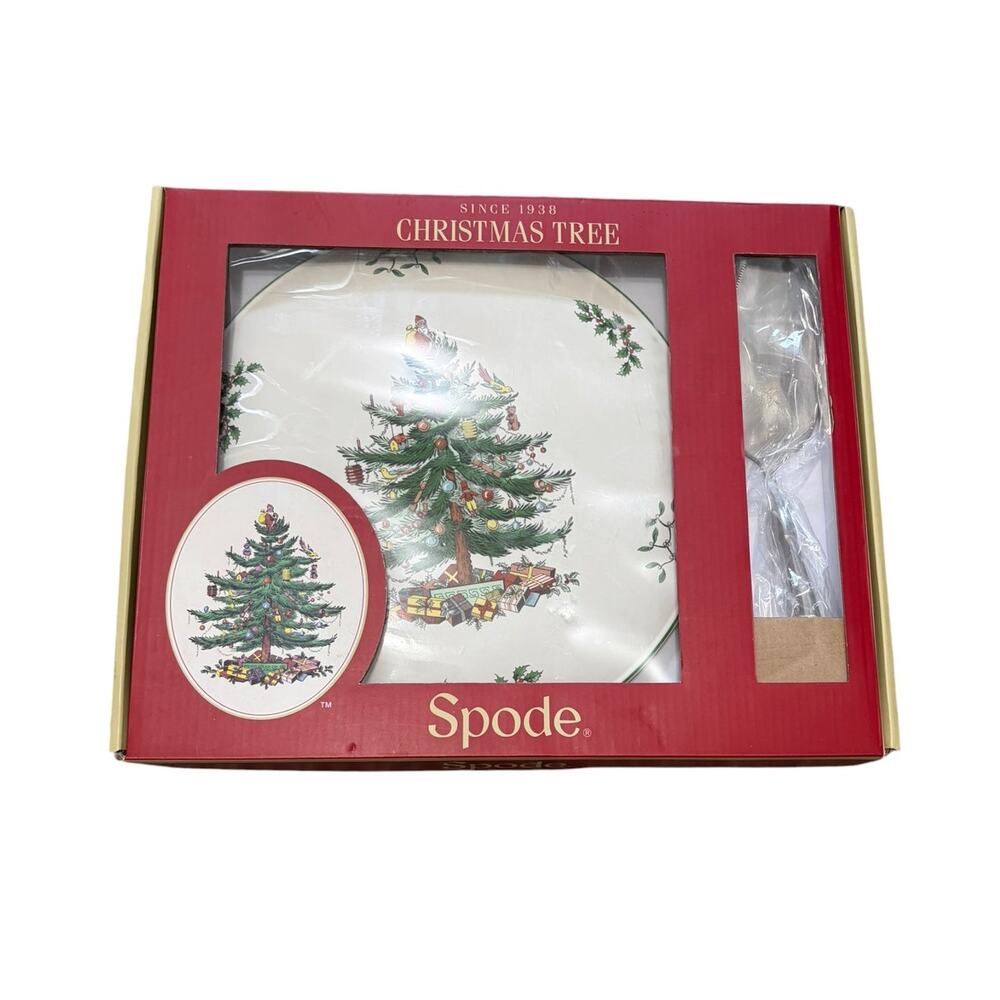 Spode Christmas Tree Cake Plate & Server Set 11.5" NIB Holiday Winter Kitchen